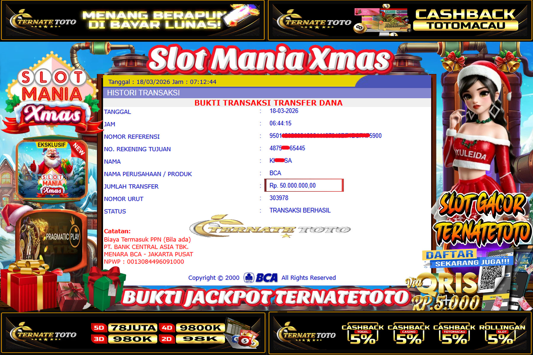TERNATETOTO - JACKPOT SLOT MANIA XMAS DI PRAGMATIC Rp. 50,000,000,-